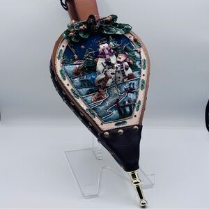 Holiday Snowman Scene Fireplace Bellows Decorative Wood Leather Metal 19" x 8”